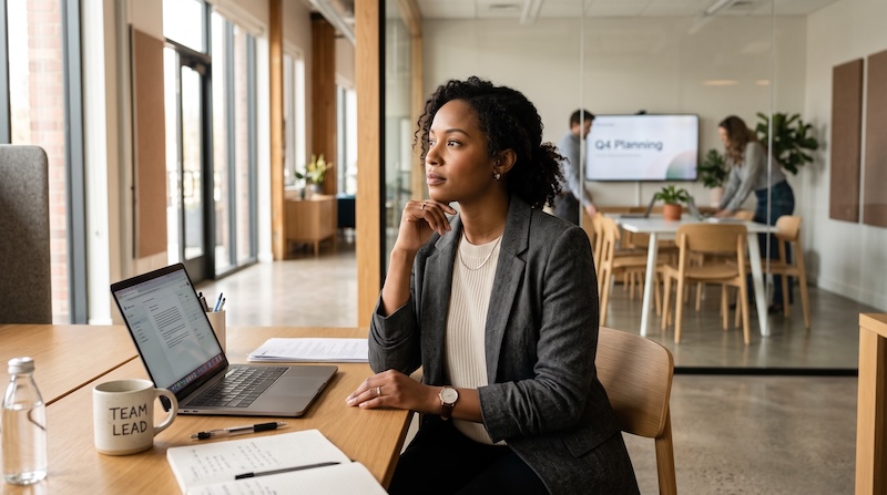New manager sitting alone in an office, reflecting before a team meeting