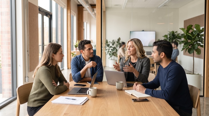 Manager building consensus with colleagues around a table, no one at the head