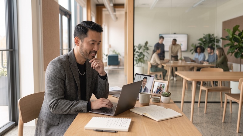 Manager practicing a difficult conversation scenario with an AI coach on a laptop